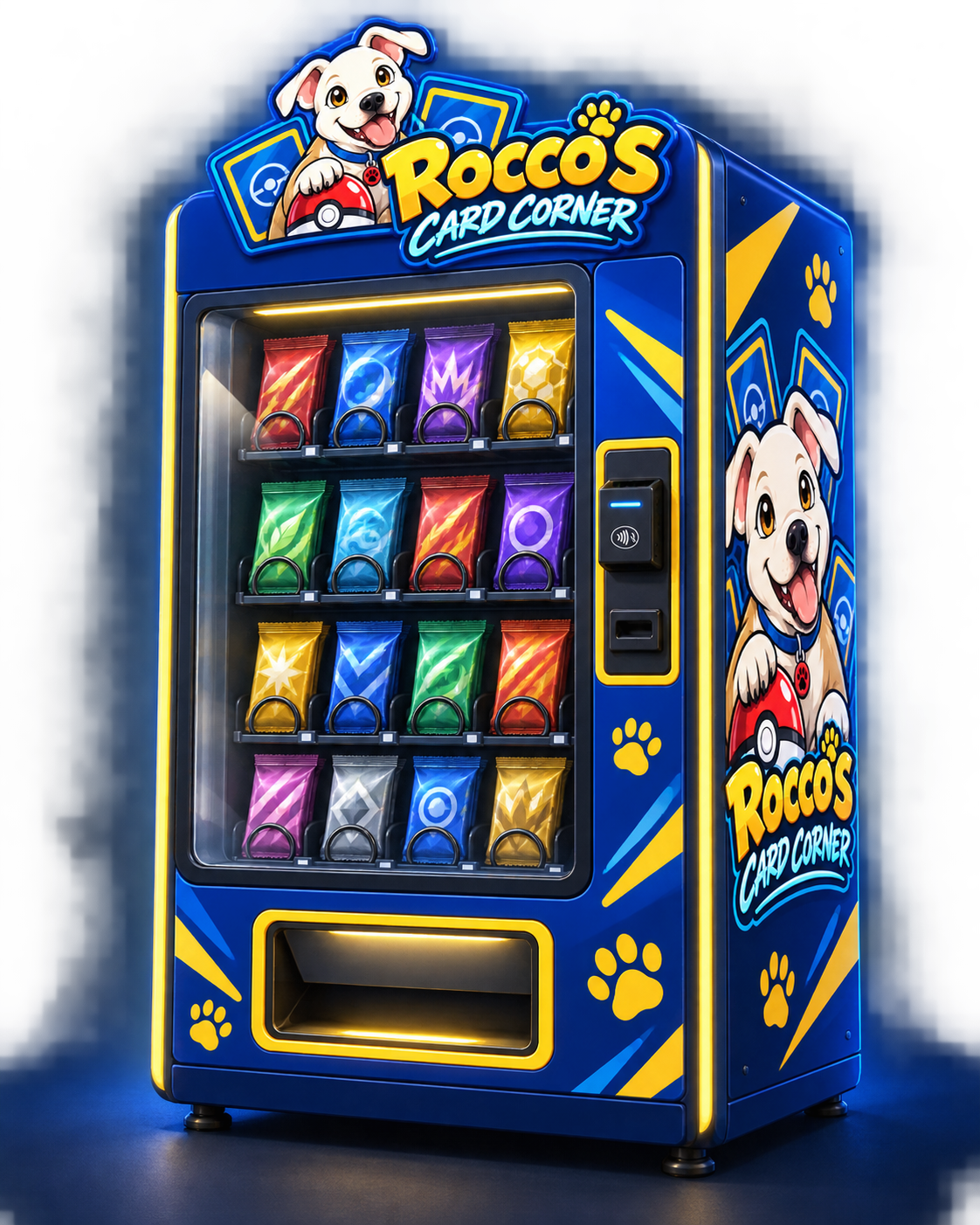 Concept illustration of a blue and yellow Rocco’s trading card vending machine